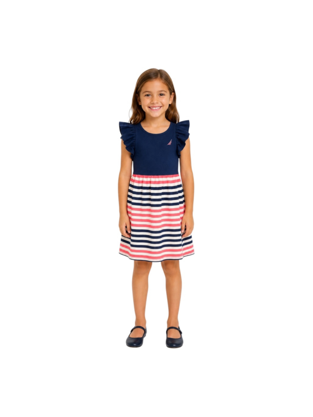 Nautica Girls Size 6 Navy Pink Striped Ruffle Sleeve Dress